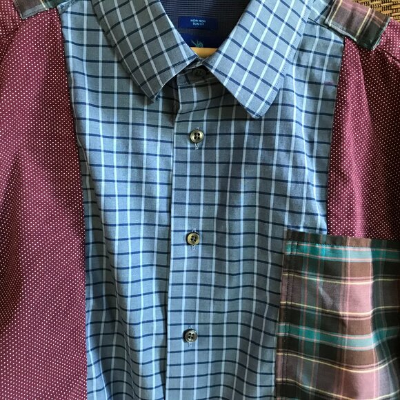Upcycled Patchwork Button-Down Shirt, Size M-L: Boho Blue Purple Polka Dot Top - Picture 9 of 15